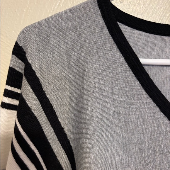 Tahari V-Neck Sweater with Geometric Stripes - Gray, Black, White - Picture 7 of 9